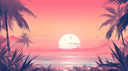 Sunset on the beach. Tropical sunset illustration with palms silhouettes and peach pink sky.