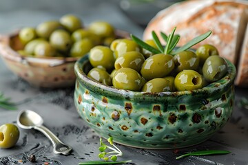 Wall Mural - Olives and bread in bowl with spoon