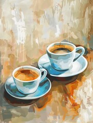 Poster - Two cups filled with coffee resting on a wooden table. Generative AI