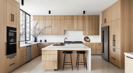 Wall Mural - Modern Nordic kitchen interior with light wood cabinetry
