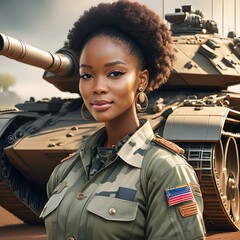 Poster - portrait of a black woman in an army uniform standing with a military helmet; close-up
