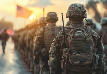 A rear view of soldiers in uniform marching with the American flag against a sunset backdrop. The image symbolizes duty, teamwork, and patriotism, perfect for military themes.