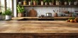 © Anastasia Knyazeva - Rustic wooden countertop with a view of a modern kitchen and garden, perfect for home decor and culinary themes