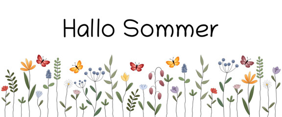 Sticker - Hallo Sommer - Schriftzug in deutscher Sprache. Banner mit bunten Blumen und Schmetterlingen.