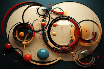 Fototapete - Dynamic circular abstract background with red lines and dark wall