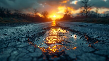 Sticker - a dark road at sunset, reflecting the water on the asphalt