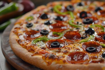 Wall Mural - Pepperoni, olives, and peppers pizza on a wooden board