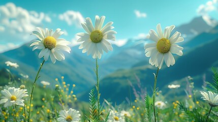 Wall Mural - Nature photography, background, three small daisies with simple background of blue sky and green mountains, serene and peaceful.