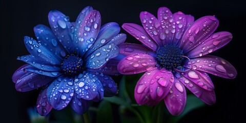 Wall Mural - nature photography, background, two blue and purple flowers with water drops, detailed and vibrant f