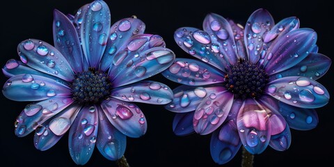 Wall Mural - nature photography, background, two blue and purple flowers with water drops, detailed and vibrant f