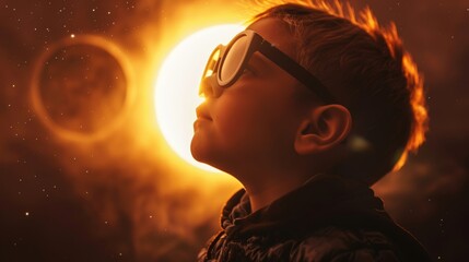 Wall Mural - a child wearing protective solar eclipse glasses watching in wonder as the ring of fire eclipse take
