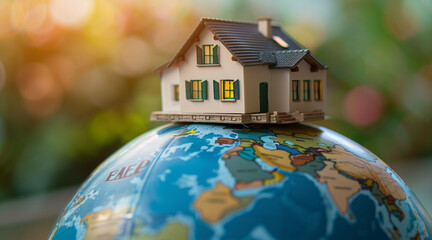 A miniature house model sitting on top of a world globe, representing global real estate investment opportunities