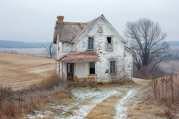 Canvas Print - A dilapidated farmhouse sagging under the weight of years, its paint peeling and its roof sagging with neglect. Concept of rural abandonment. Generative Ai.