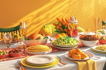 Wall Mural - 3d illustration of table full of food in dining room