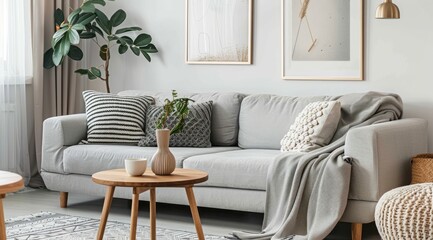 Wall Mural - Modern Scandinavian home interior featuring a cozy gray sofa, white walls, and simple geometric decor