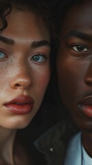 close-up portrait of two people with contrasting skin tones and facial expressions