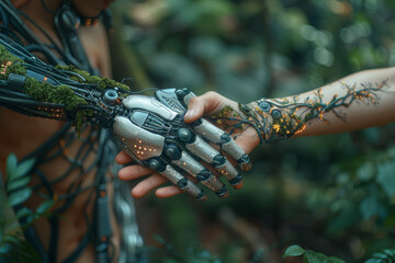 Sticker - A mechanical robot shaking hands with a woodland elf. Concept of technology vs. nature. Generative Ai.