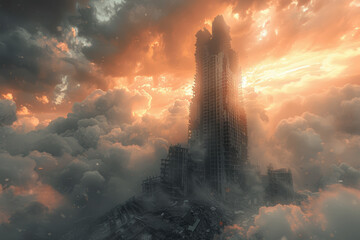 Wall Mural - a sleek skyscraper rising from a dilapidated ruin. concept of modern vs. ancient. generative ai.
