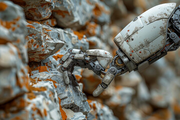 Wall Mural - A robotic arm building a stone wall. Concept of technology vs. tradition. Generative Ai.