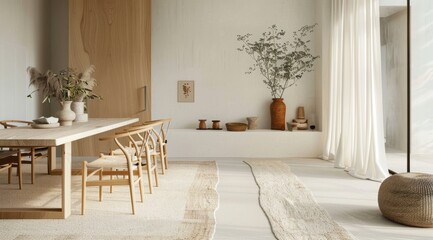 Wall Mural - A cozy Scandinavian dining area featuring a white dining table, wooden chairs, and a large rug in neutral tones, set against white walls and light wooden floors