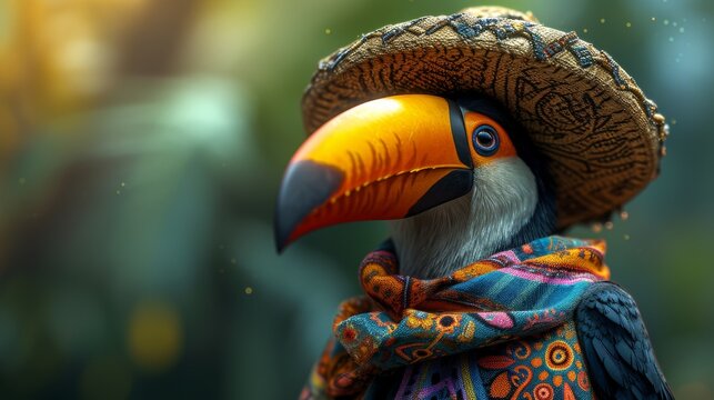 Toucan wearing a hat and colorful scarf in a tropical setting