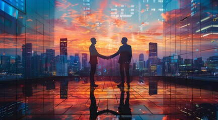 A double exposure of two business men shaking hands in silhouette against the backdrop of city skyscrapers at sunset, with lights reflecting on glass surfaces creating dynamic patterns.