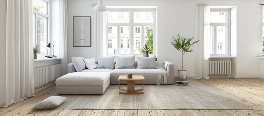 Wall Mural - Stylish Scandinavian home featuring white walls, light wooden flooring, and simple, elegant decor with a focus on natural materials and clean lines