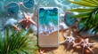 © DWN Media - A mockup of an Phone on the beach with sunglasses, starfish and palm leaves around it, sea waves in blue color, yellow sand, top view, flat lay photography