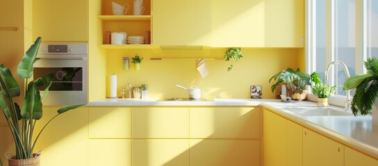 Canvas Print - Yellow kitchen interior featuring pastel yellow cabinets, white quartz countertops, and minimalist design