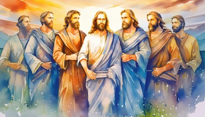 The twelve apostles with jesus christ Biblical. Christian religious watercolor illustration