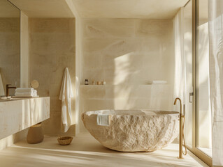 Wall Mural - Bathtub featuring a sizable stone bowl at its center