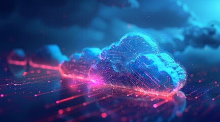 Wall Mural - An isometric view of cloud computing technology with digital data and glowing clouds, representing the concept of distant or on line data storage in blue background