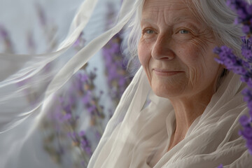 Canvas Print - Elderly woman, draped in a white scarf, stands amidst lavender flowers with a serene smile as a gentle breeze blows, enhancing the tranquil atmosphere of a sunny afternoon