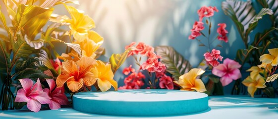 Wall Mural - One wide podium, clear upper space, stock photo, tropical flower. 