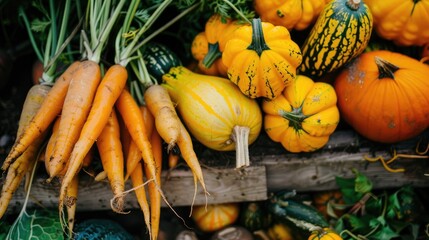 Poster - Autumn harvest featuring carrots yellow beets and squash waiting to be prepared