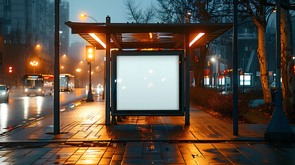 bus shelter at busstop blank white lightbox empty billboard and ad placeholder glass and aluminum structure transit station urban setting city street background stone sidewalk base