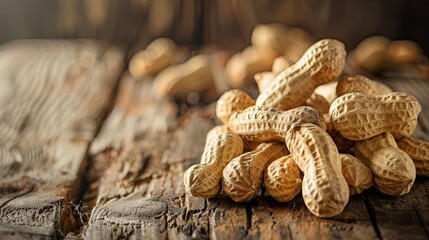 Heap of unshelled peanuts on a rustic wooden table, emphasizing their raw, organic nature