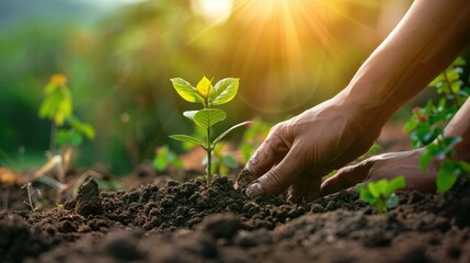 Person gently planting tree saplings in fertile soil, fostering green growth and environmental stewardship