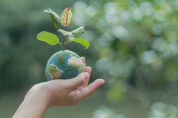 Wall Mural - a child holding a small earth globe with a plant growing out of it