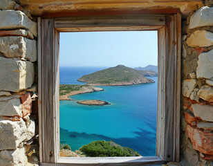 Wall Mural - The picturesque view from an open window of an old abandoned stone home reveals the tranquil expanse of the blue Aegean Sea dotted with Aegean islands