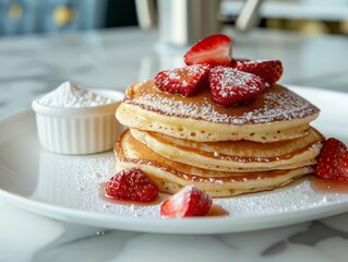 Poster - Delicious homemade pancakes with fresh strawberries and powdered sugar