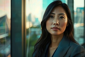 Canvas Print - Thoughtful asian businesswoman looking out window