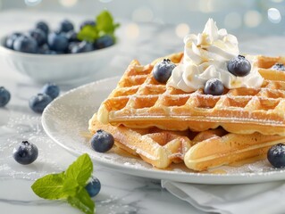Poster - Delicious homemade waffles with whipped cream and blueberries