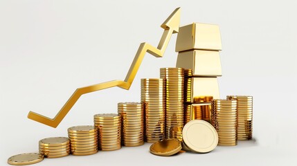Golden stacked coins and bars with an upward arrow symbolizing financial growth, investment success, and economic development concept.