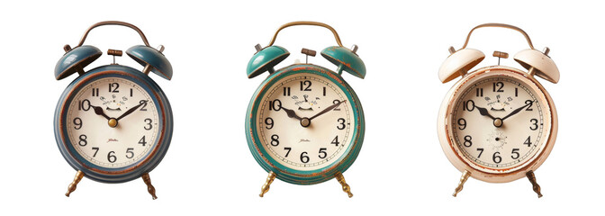 A set of three alarm clocks isolated on white background, vintage style, transparent background, png.