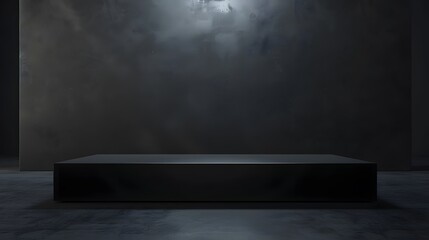 Poster - black podium or pedestal display on dark background with long platform. blank product shelf standing
