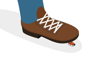 3D Isometric Flat  Illustration of Step on a Ladybug, A bug under a Shoe