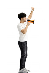 Wall Mural - A man, on a white background, in full height, with a megaphone