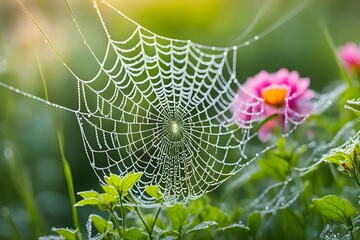 A spider web is seen in the foreground of a field of flowers