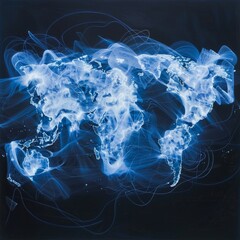 Wall Mural - bright light map of the world, it show connections of data, light blue and white